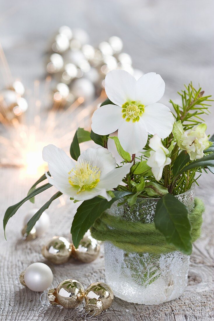 Posy of Christmas roses and spruce in a glass