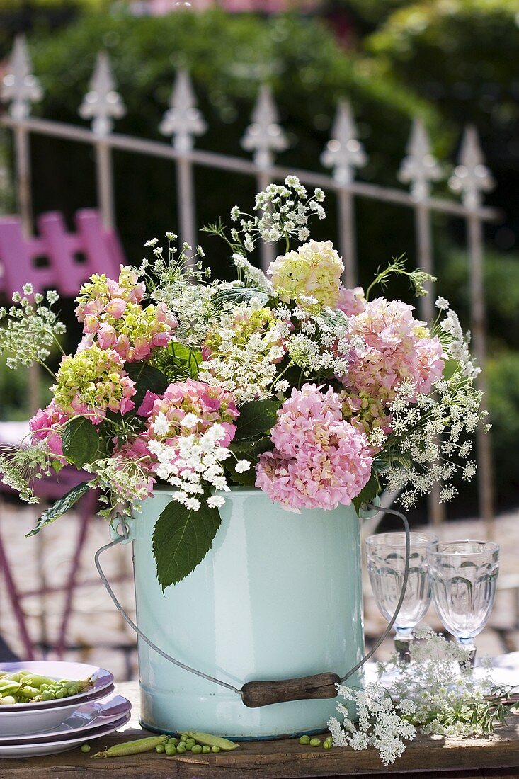 Hydrangeas in a bucket (table decoration)