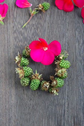 Small wreath of unripe blackberries and bright pink geranium flower on wooden surface