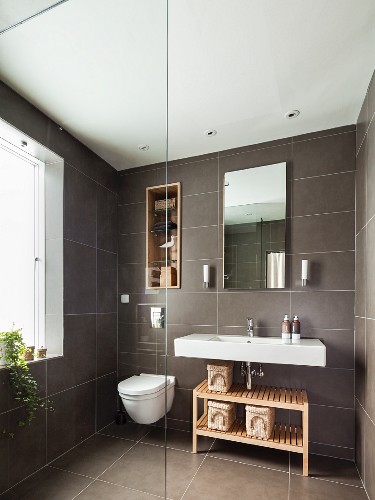 Grey Tiled Bathroom With Shelves In Image 11306122 Grey Tiled Bathroom With Shelves In