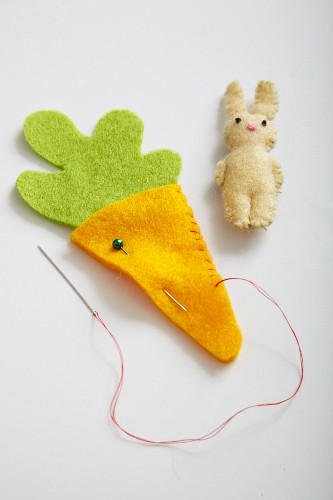 Easter decorations; hand-sewn felt rabbit & carrot