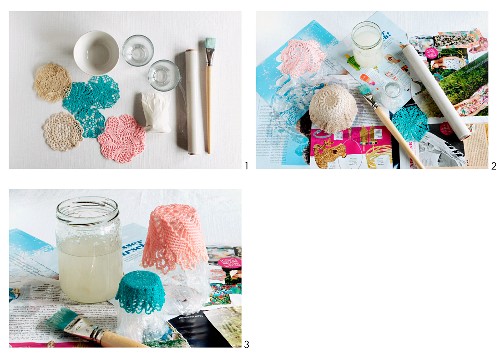 Instructions and materials required for making bowls out of crocheted doilies