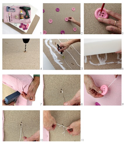 Instructions for making bed headboard from chipboard, foam, pink fabric and matching upholstery buttons
