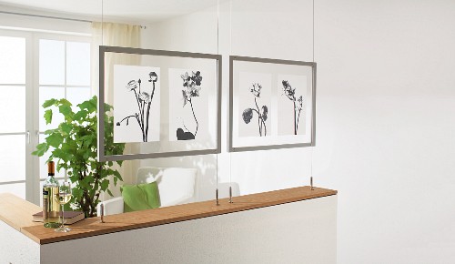 Pictures mounted on stretched steel wires and used as partition