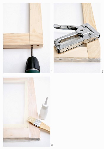 Three photos showing steps for making a printing frame