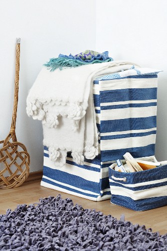 blue and white laundry basket