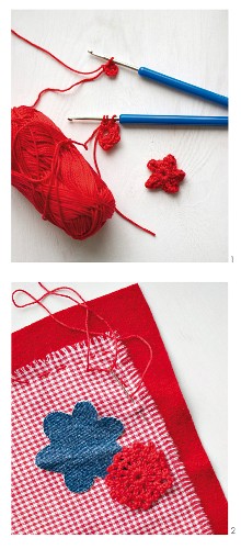 Decorating a red and white place mat with crocheted flowers