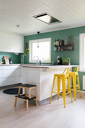 Petrol Blue Walls And Yellow Bar Stools Buy Image 12470050 Living4media