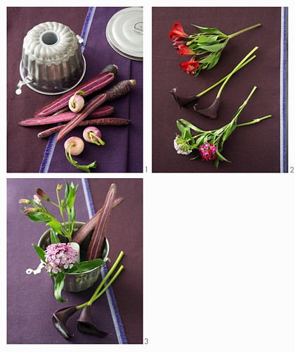 Instructions for making autumnal bouquet of vegetables and flowers in cake tin