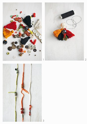 Instructions for making a necklace from cords, wooden beads and tassels