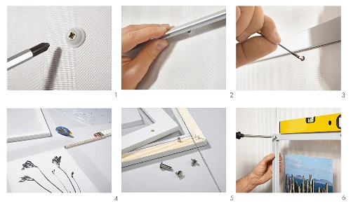 Instructions for mounting pictures on stretched steel cables