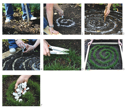 Instructions for making a miniature bed with a spiral of grass and white gravel as garden decoration