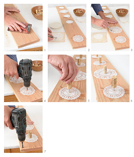 Instructions for making a row of pegs from old board, doilies and corks