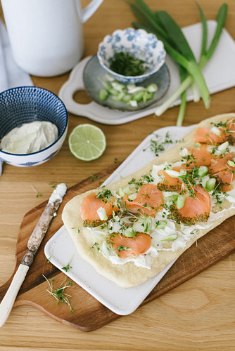 Spring-like pizza with salmon, watercress, and wasabi