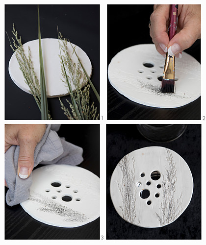 Instructions for making perforated vase lids with embossed grasses motif from modelling clay