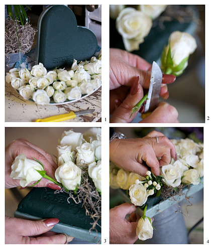 Instructions for making a heart-shaped arrangement of white roses and bouvardia