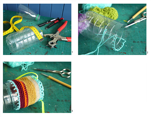 Making a pen holder from a PET bottle and crocheted cover
