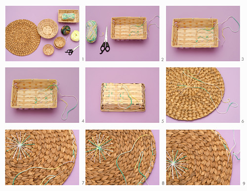 Decorating a placemat and wicker basket with wool
