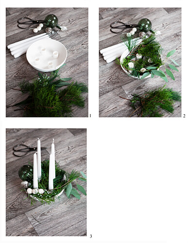 Decorating a candle bowl with fir twigs