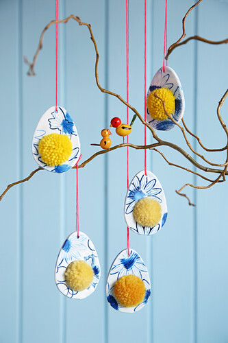 Modelled Easter egg decorations with pompoms