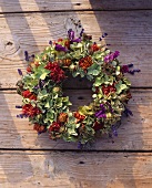 Wreath of dried hydrangeas and roses