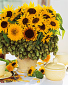 Arrangement of sunflowers with border of hops