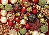 Various red and gold Christmas baubles