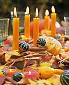 Table decorated for autumn with candles and gourds
