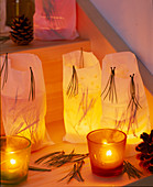 Sandwich bags with pine needles used as wind lights
