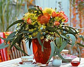 Arrangement of Protea flowers, Eucalyptus, roses & dill