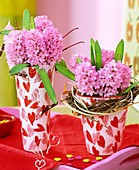 Pink hyacinths in vases decorated with hearts, larch wreath