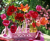 Red tulips in small glass bottles on pink tray