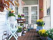 Various spring flowers in pots on a wooden balcony