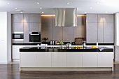Modern designer kitchen with stainless steel cupboards and kitchen island