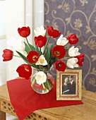 Vase of red and white tulips