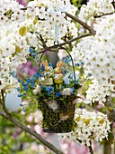 Small Easter basket hanging in pear tree