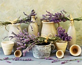 Lavender among terracotta pots and bottles