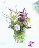 Hyacinth, horned violets and herbs in glass