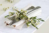 Napkin with cutlery & small posy of Geraldton wax flowers