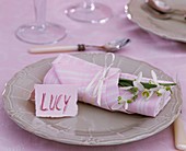 Place-setting with snowdrops, napkin & place card (Lucy)