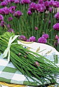 Freshly cut chives on a plate out of doors