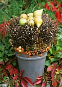 Herbstegesteck mit Reisig und kleinen Birnen