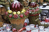 Weihnachtliche Deko mit Äpfeln und Hartriegel im Freien