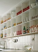 Lebensmittel in Regalen und ein Fischglas auf der Arbeitsfläche einer Küche