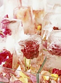 Roses frozen in ice cubes