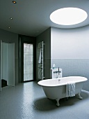 Eine freistehende Badewanne unter runder Deckenöffnung eines Badezimmers mit Glasbausteinen