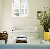 Die gelbe Pflanzenvase verleiht dem ansonsten weissen Raum mit Couch einen kleinen Farbtupfer