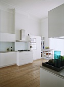 Eine puristische Designerküche mit Dielenboden und Stuckdecke