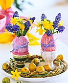 Narcissi and grape hyacinths in eggshell vases