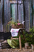 Korb mit Blumen auf einem Stuhl vor einer Holzhütte